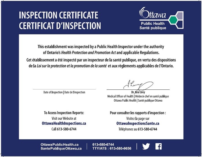 Inspection certificate. Public Health Inspectors. Inspect Certificate.